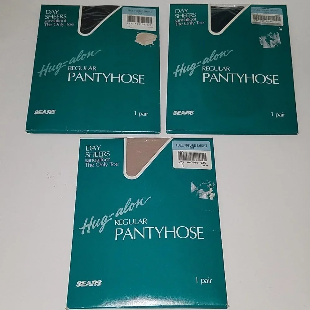 NEW 3 Hug-alon Pantyhose Full Figure Short 2 Navy 1 Mist Day Sheer Lot Sears VTG